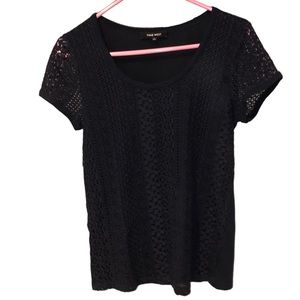 NINE WEST Small blouse blue blue navy w/ embroidered top see though short sleeve